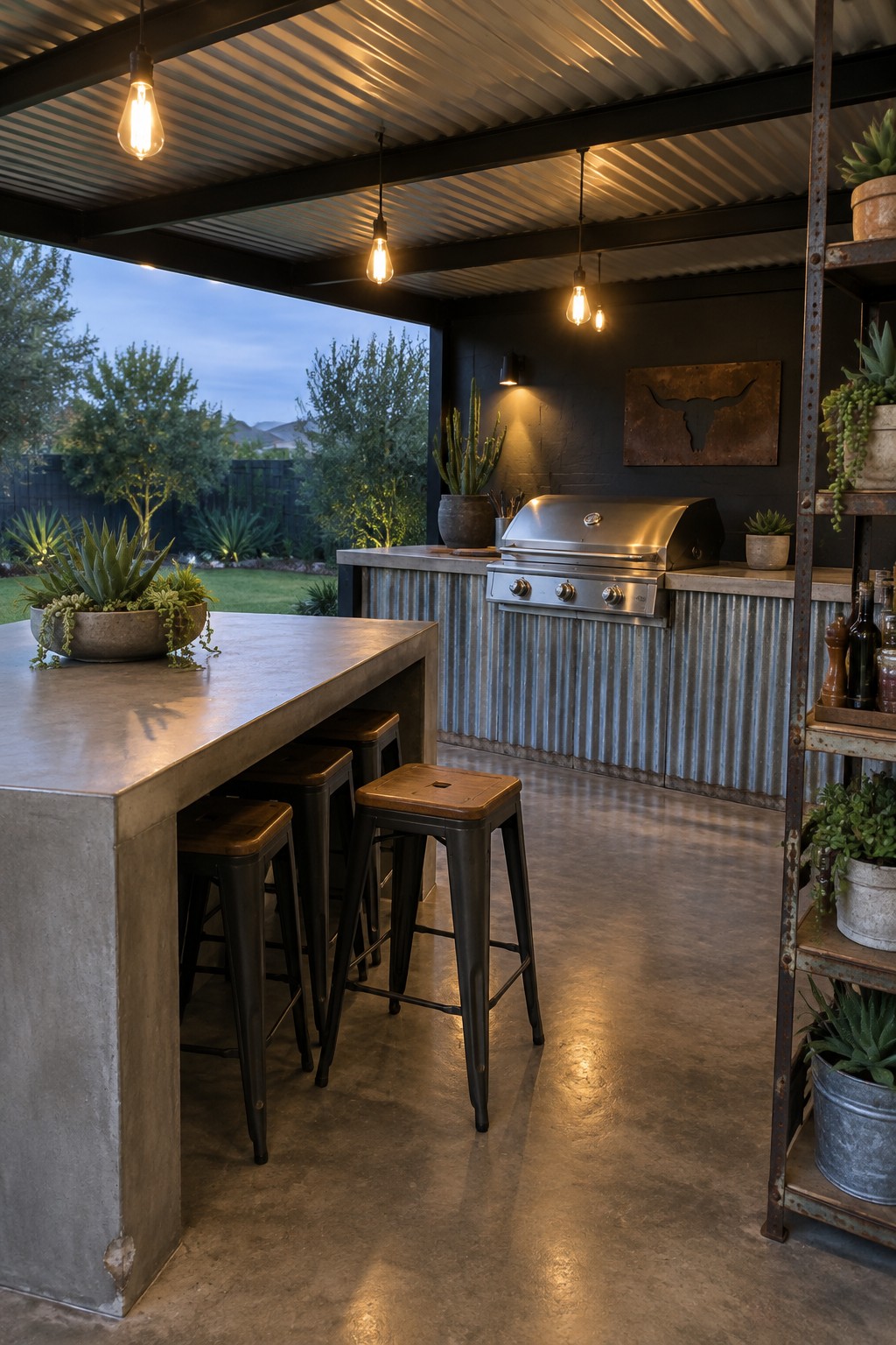 Rustic outdoor kitchen with concrete bar, metal stools, grill, and hanging lights