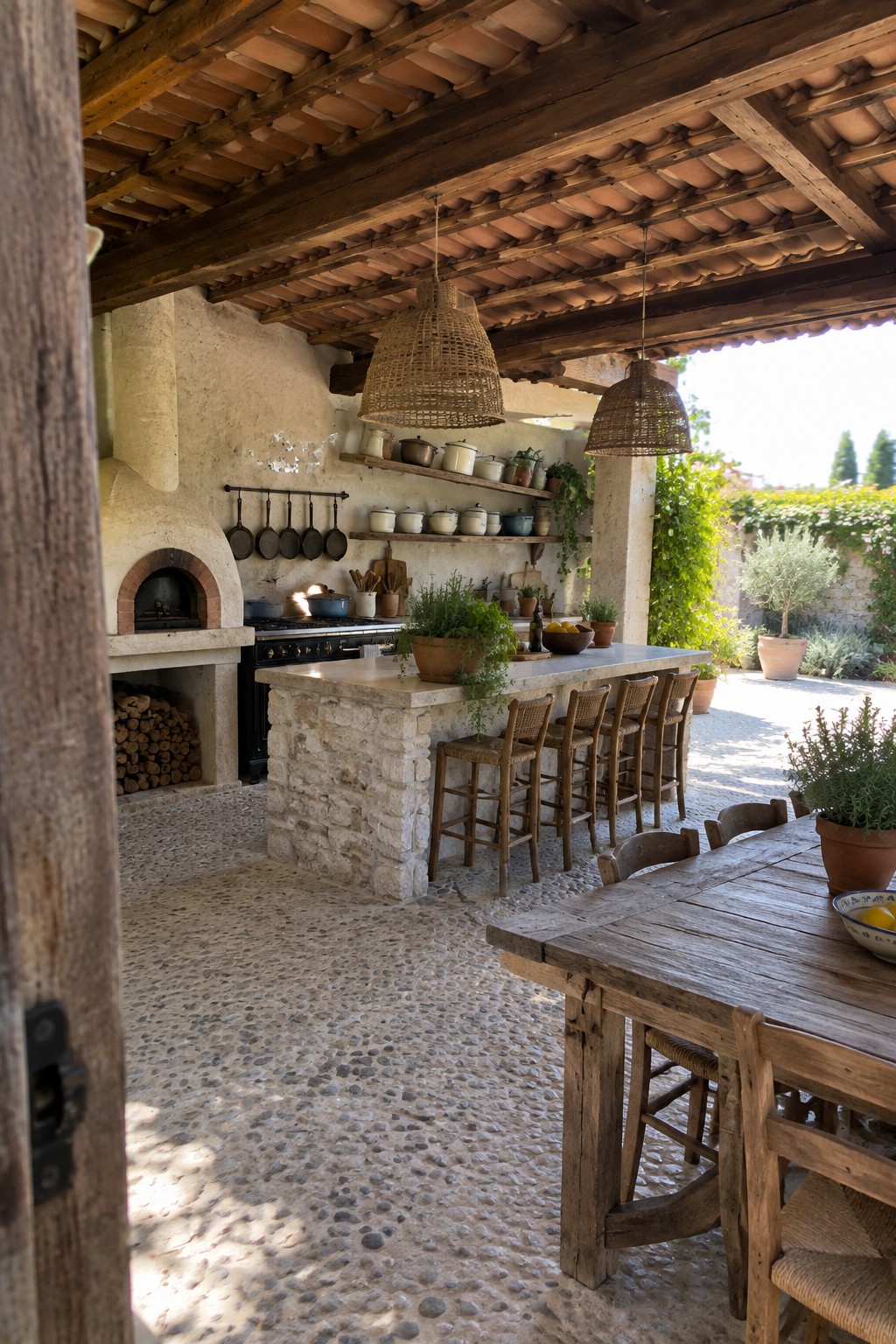 A covered outdoor patio with a stone kitchen island, wooden bar stools, a dining table, hanging woven lights, and a built-in oven under wooden beams and terracotta roofing.