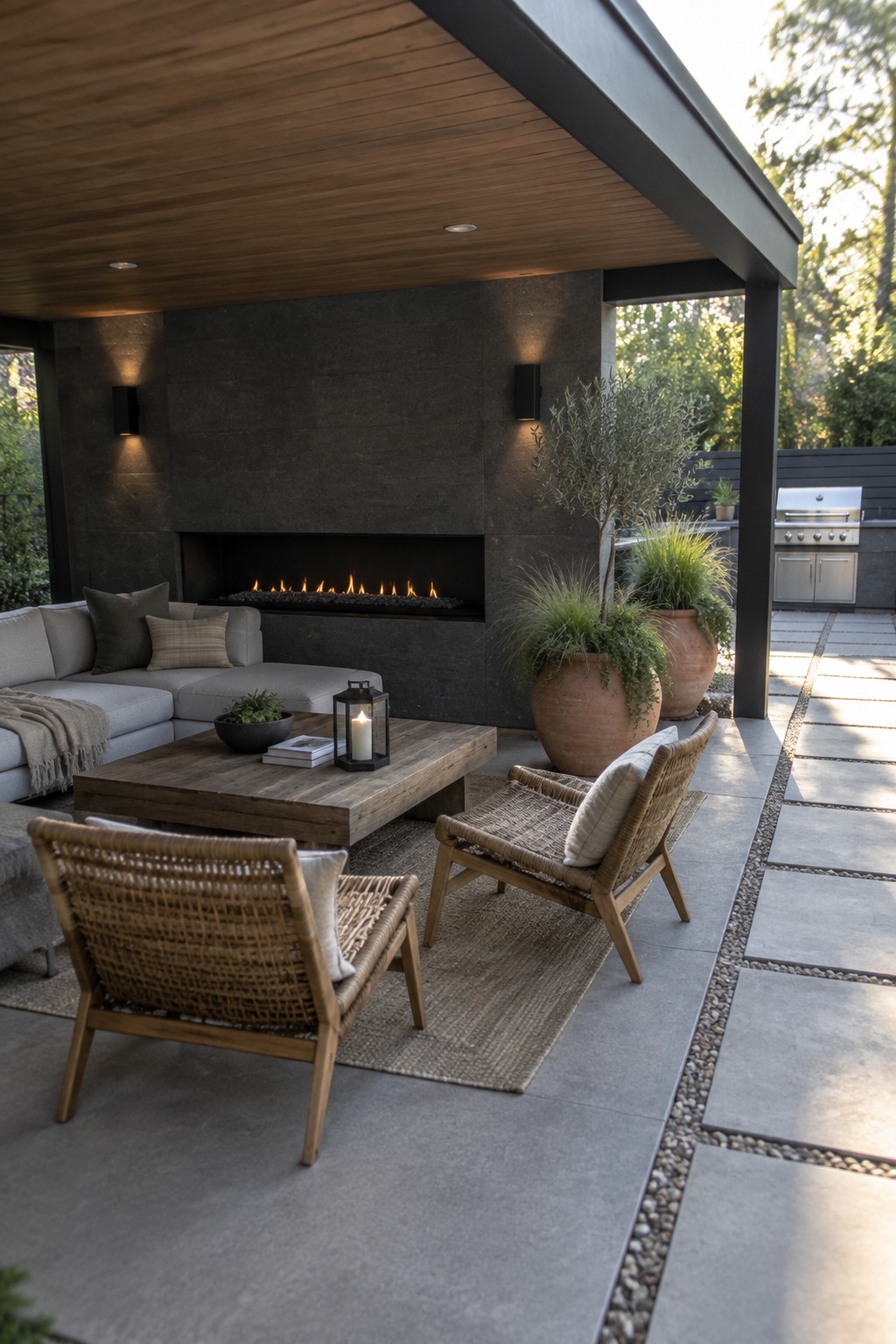 A covered patio with a wooden plank ceiling, dark stone fireplace wall, light gray sectional sofa, woven chairs, and large terracotta pots on a concrete patio.