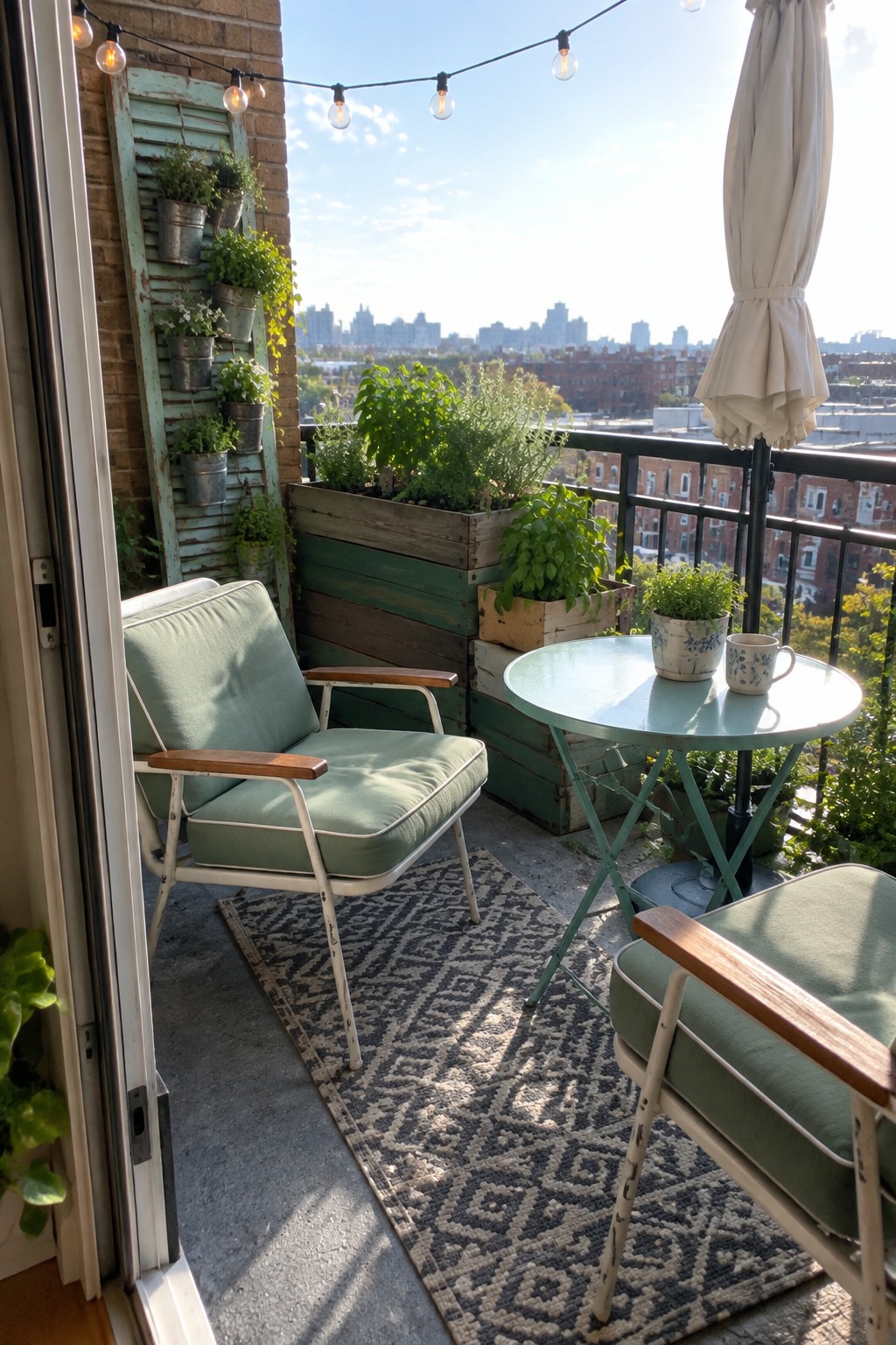 Cozy balcony with sage green retro chairs, round table, patterned rug, and city skyline