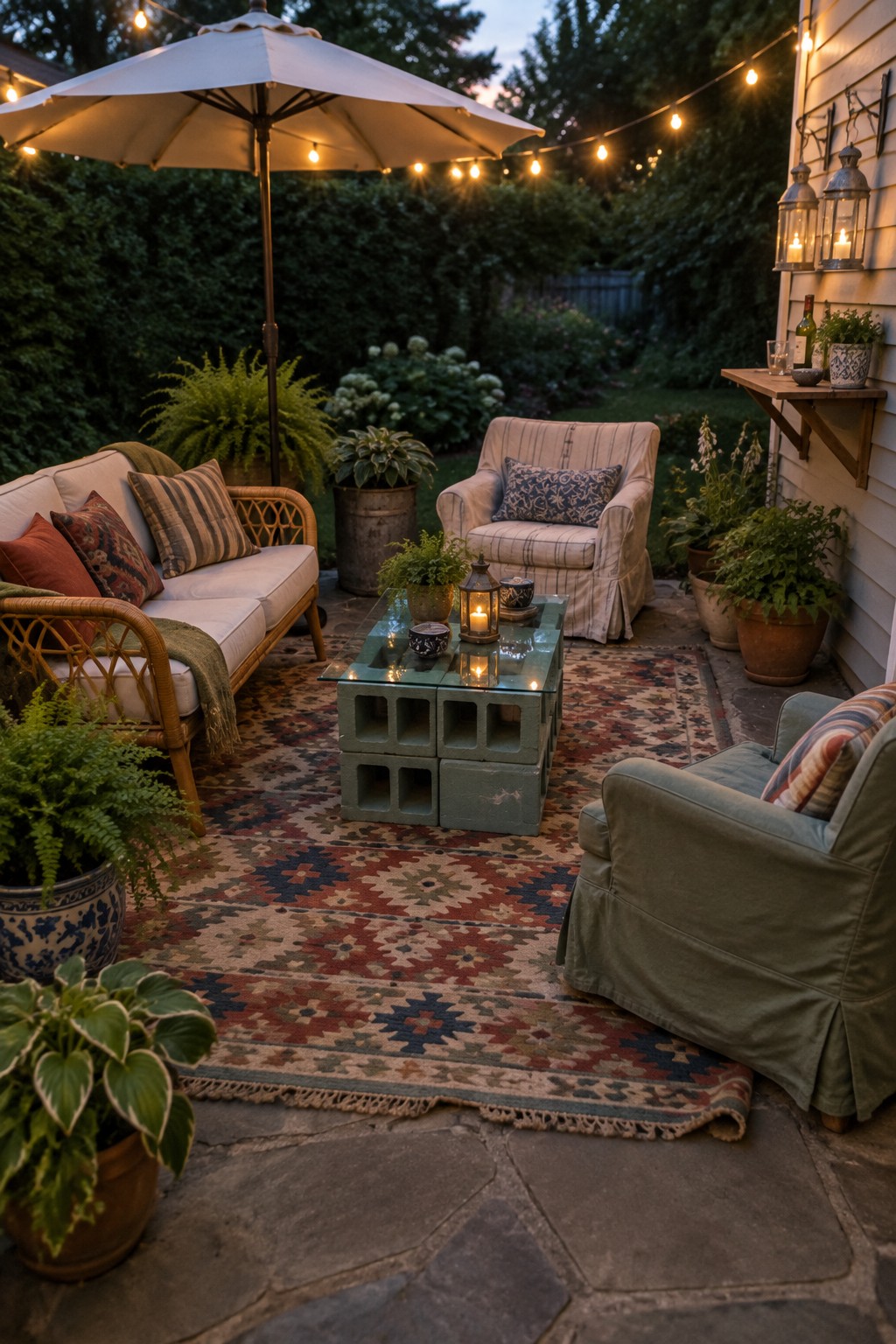 A stone patio at dusk with a large patterned rug holding a mix of secondhand seating including a wicker sofa, striped armchair, and green upholstered chair arranged around a cinder block coffee table under a white umbrella.
