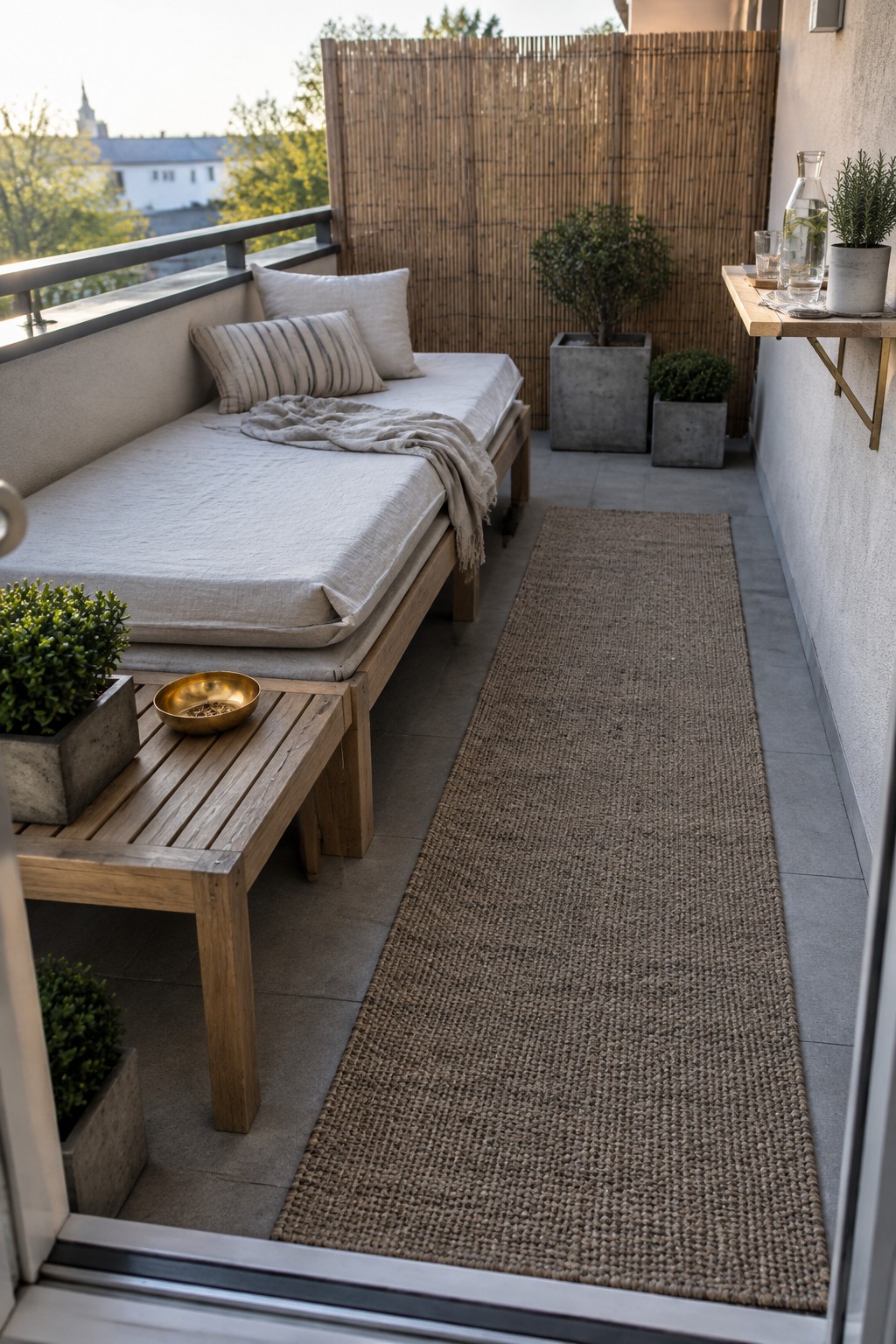 Modern balcony with wooden daybed, beige woven rug, pillows, and potted plants.