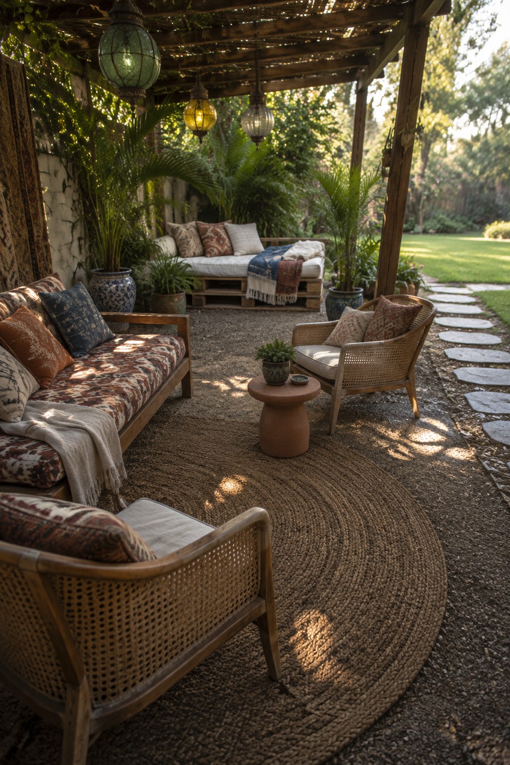 A covered wooden pergola patio with a round woven rug on gravel holding a mix of wooden sofa, wicker chairs, and a small daybed surrounded by potted plants and hanging lanterns.