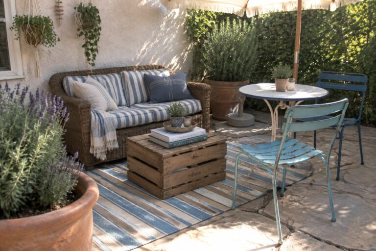 23 Budget-Friendly Patio Makeover Ideas Centered on Secondhand Outdoor Furniture A patio with a blue and white striped wicker sofa, round white table, blue and green metal chairs, wooden crate, striped rug, and potted plants under a striped umbrella.