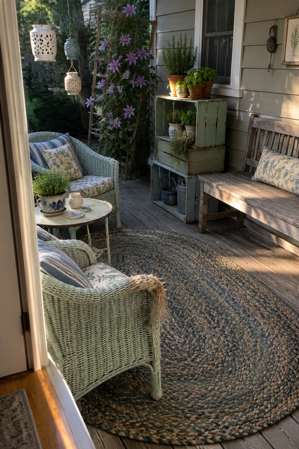 A shaded wooden porch furnished with light green wicker chairs, a wooden bench, a round braided rug, and green wooden crates holding potted plants.