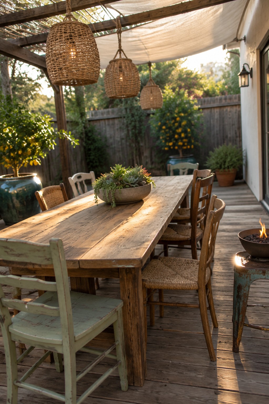 Rustic wooden patio table with mismatched chairs, woven pendants, and succulent centerpiece