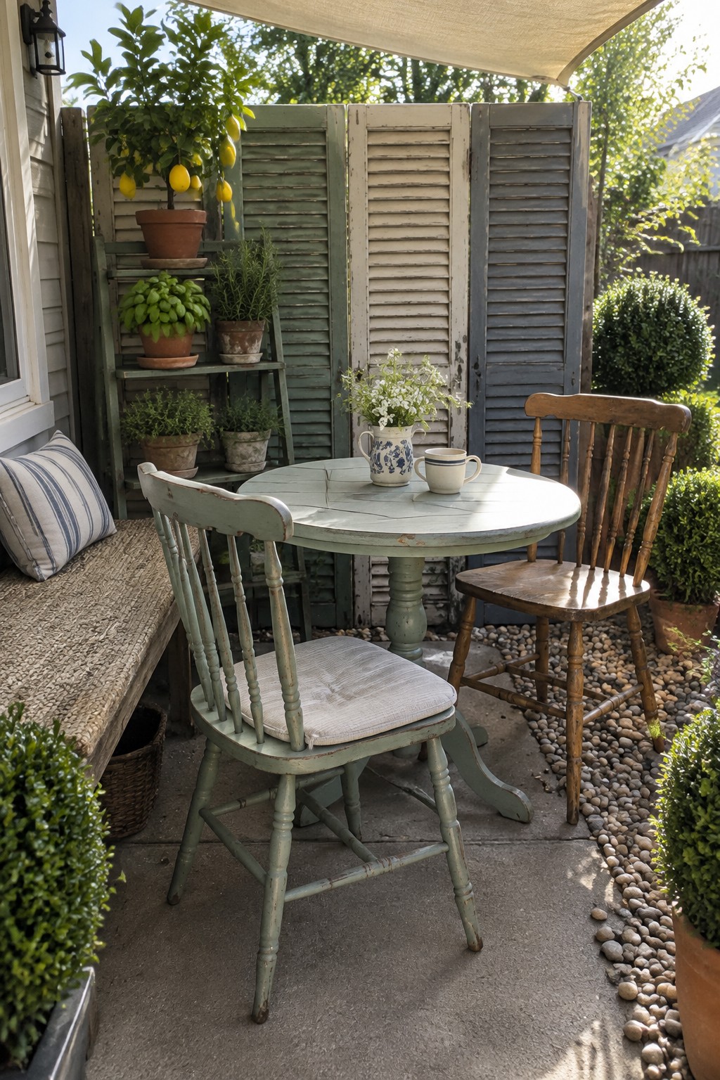 A round light green patio table with two mismatched wooden chairs, one painted and one natural, sits on a concrete surface beside potted plants and a weathered folding screen.