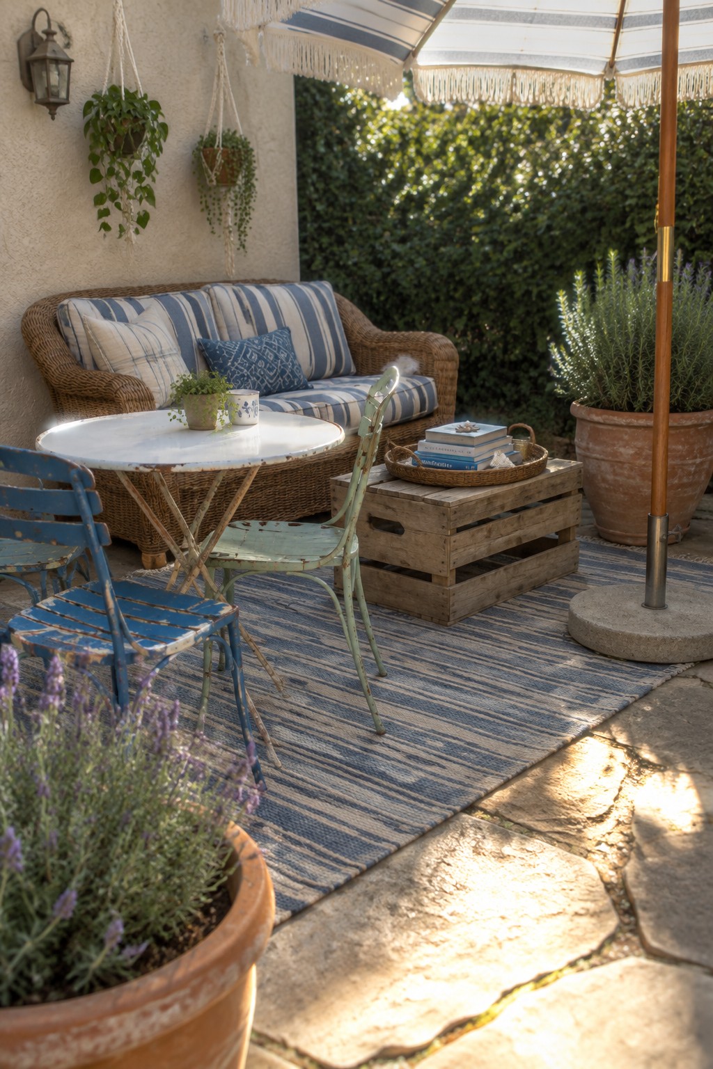 A patio with a blue and white striped wicker sofa, round white table, blue and green metal chairs, wooden crate, striped rug, and potted plants under a striped umbrella.