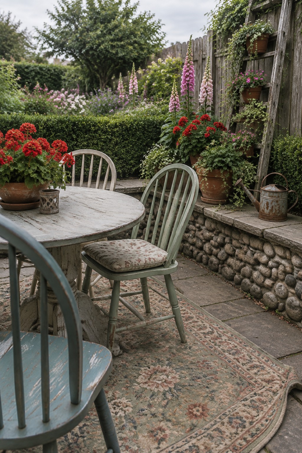 A patio with a round wooden table, several mismatched painted wooden chairs, a large patterned rug, potted red flowers, and a stone wall with climbing plants.