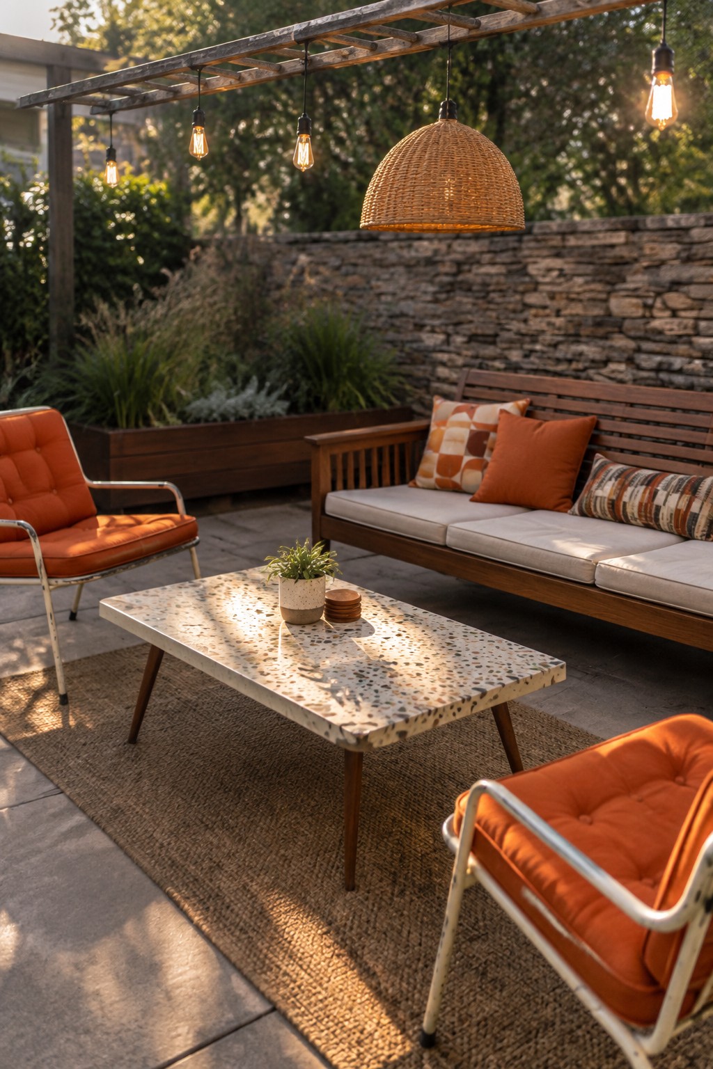 Outdoor patio with orange armchairs, wooden bench, terrazzo table, and hanging woven lights