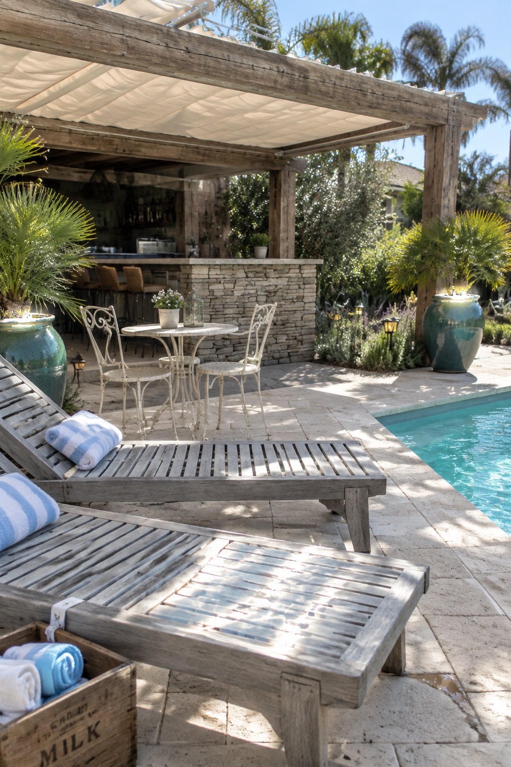 Lounge chairs with striped towels on sunny poolside patio under wooden pergola