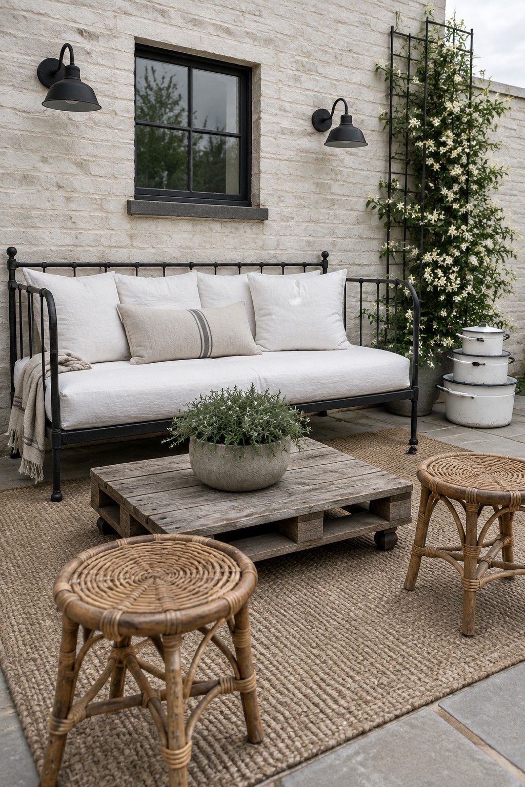 A black metal daybed with white cushions and a striped pillow sits on a woven rug beside a wooden pallet coffee table on an outdoor patio against a white brick wall.