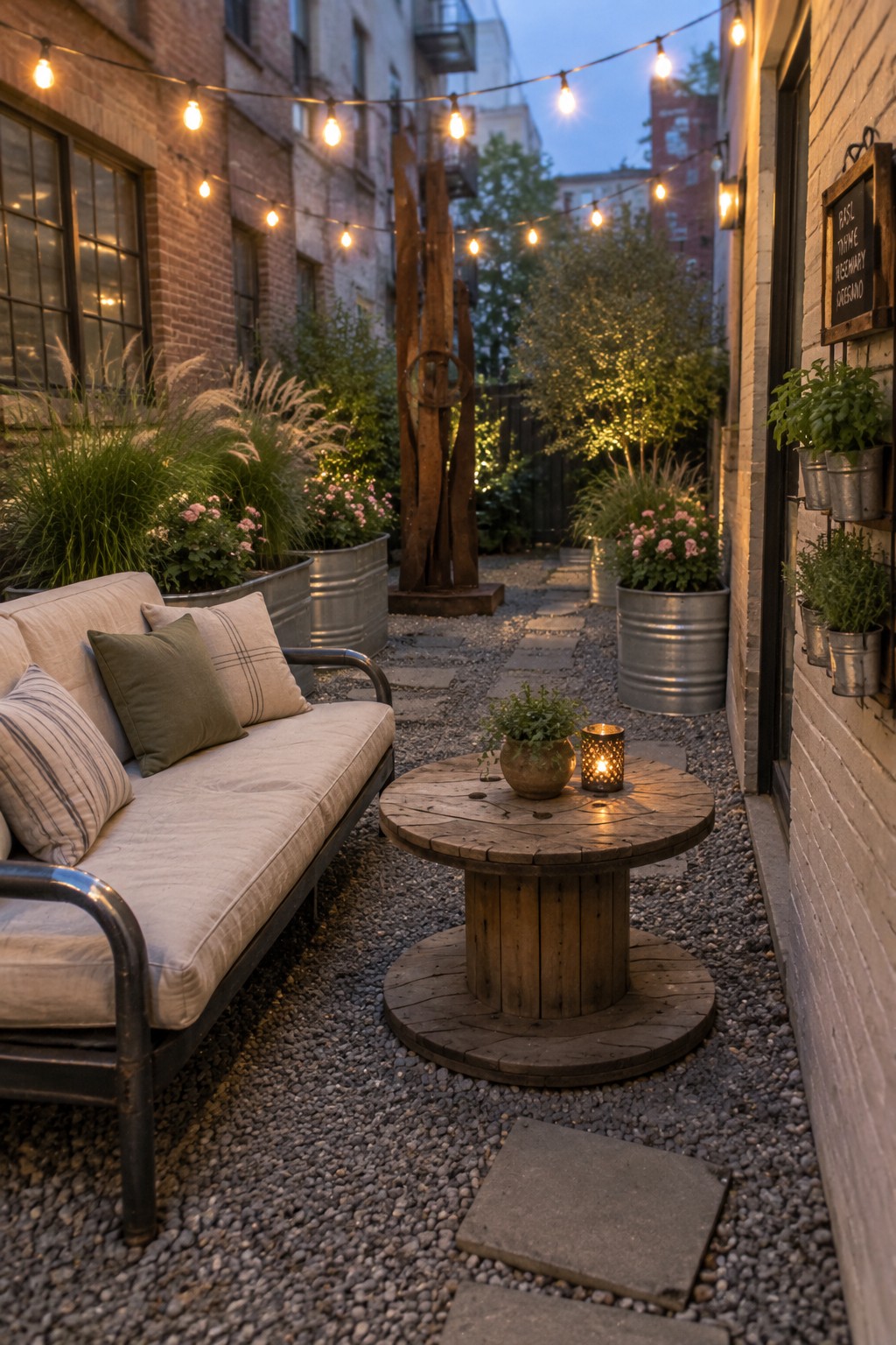 Cozy courtyard patio with sofa, wooden spool table, string lights, and potted plants at dusk