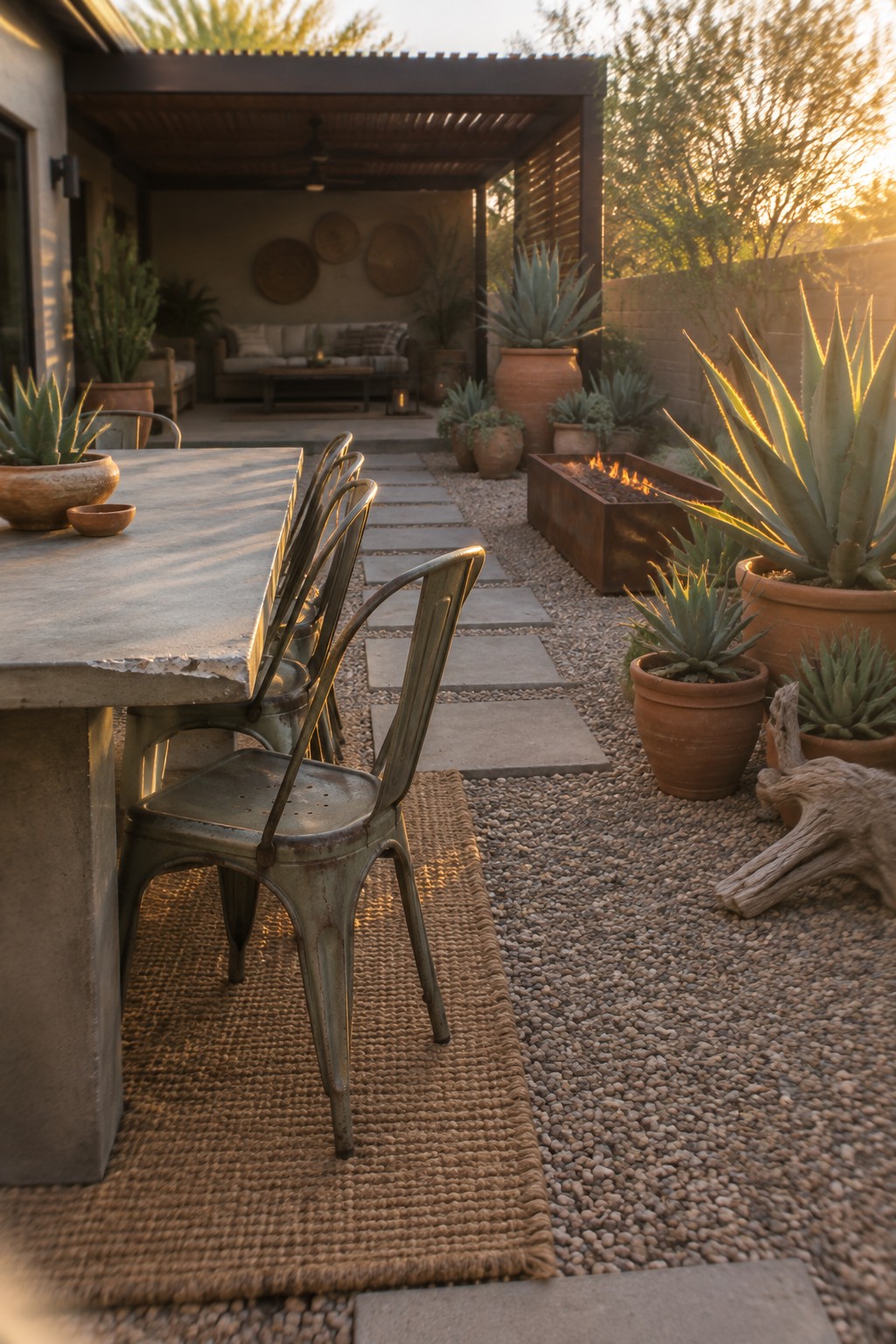 An outdoor patio with a long concrete table and several weathered green metal chairs on a woven rug over gravel, with potted agave plants and a fire pit nearby.