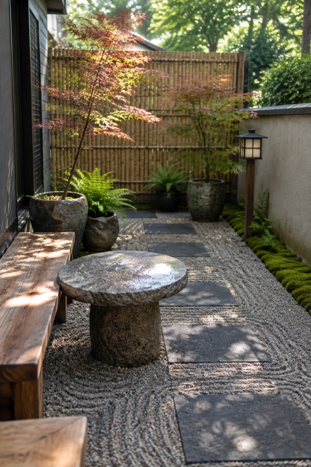 Zen garden path with raked gravel, stone table, wooden bench, and red maple