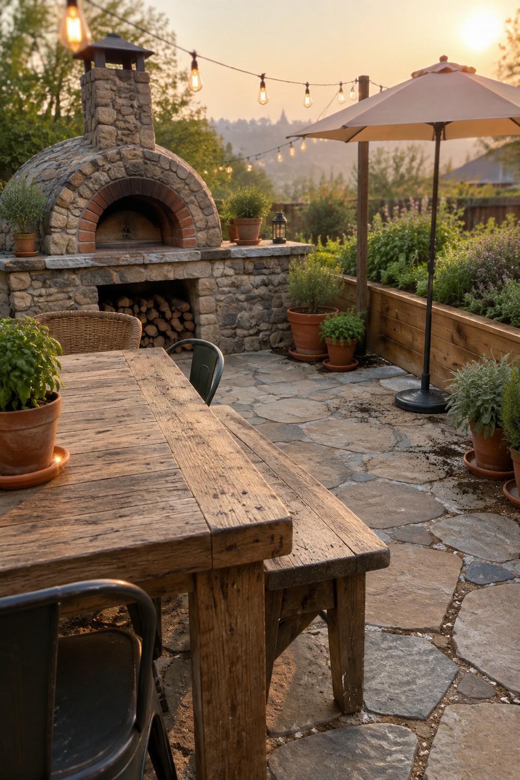 A backyard patio featuring a large stone pizza oven, a wooden dining table with chairs, a beige patio umbrella, string lights, and potted plants on a stone-paved surface.