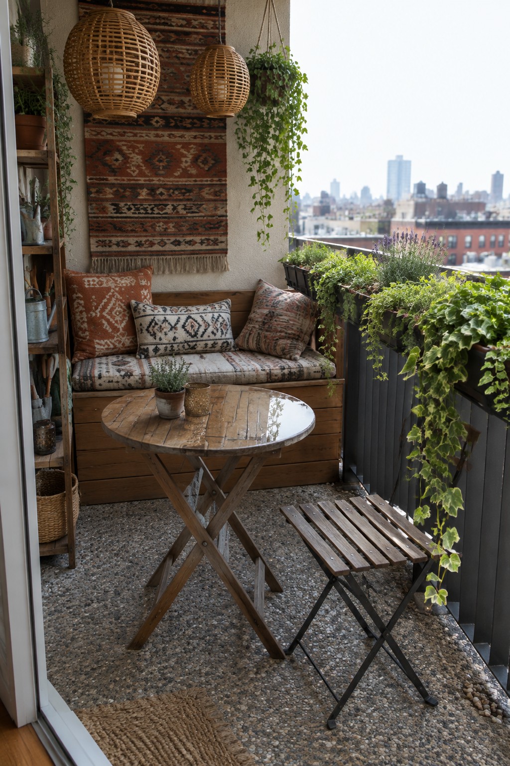 A small urban balcony with a wooden built-in bench topped with patterned cushions, a round wooden table, a folding stool, hanging wicker lanterns, and abundant potted plants along the railing.