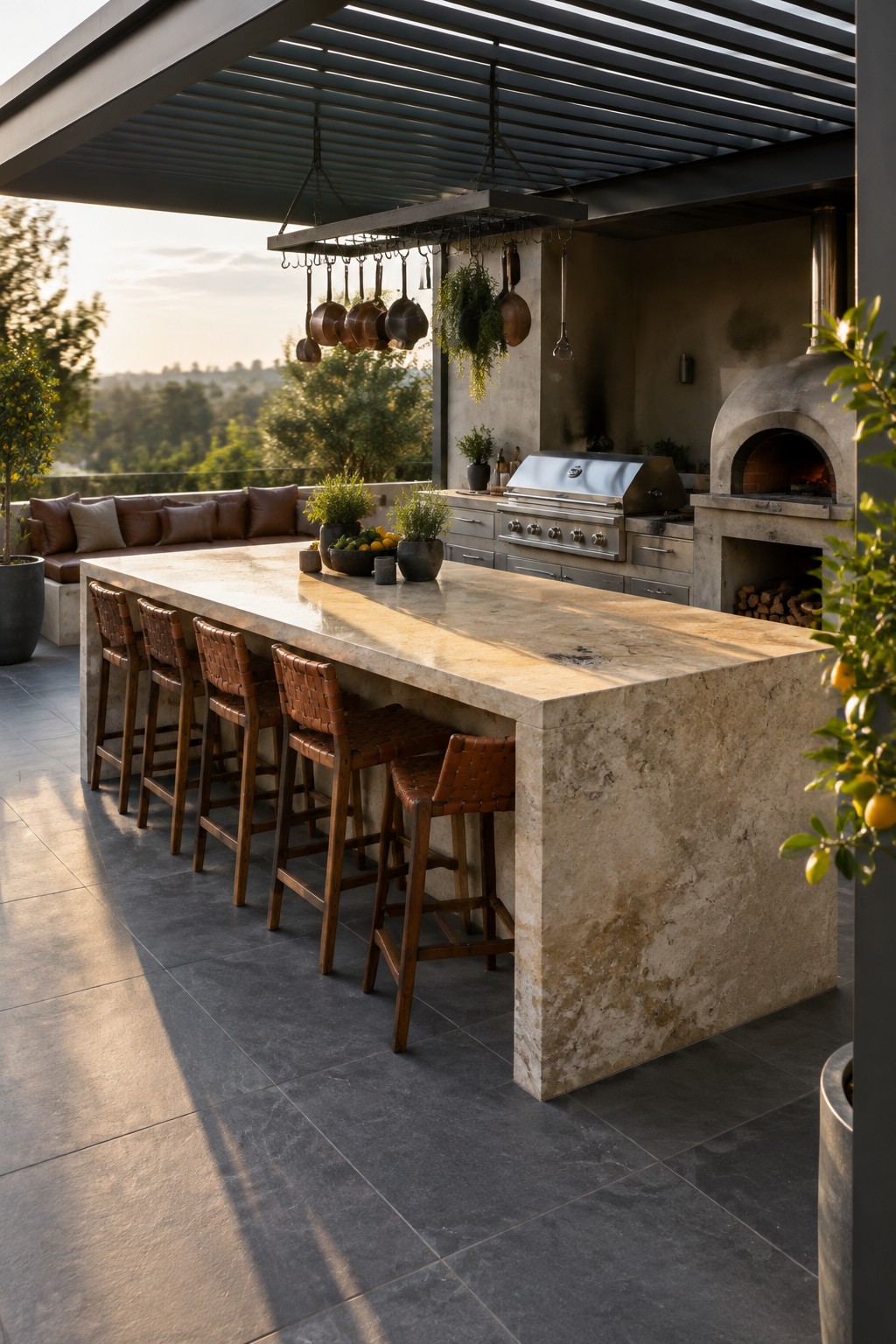 A large stone outdoor kitchen island with six woven leather bar stools sits on a tiled patio beside a stainless steel grill and a stone pizza oven under a slatted roof.
