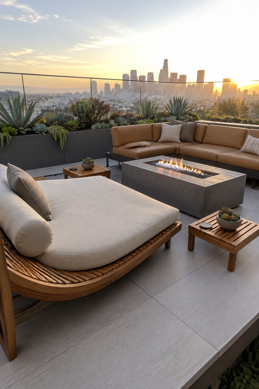 A modern rooftop patio with a concrete fire pit at the center, surrounded by a tan leather sectional sofa, a wooden daybed, and small wooden side tables, with succulents and a city skyline visible beyond the glass railing.