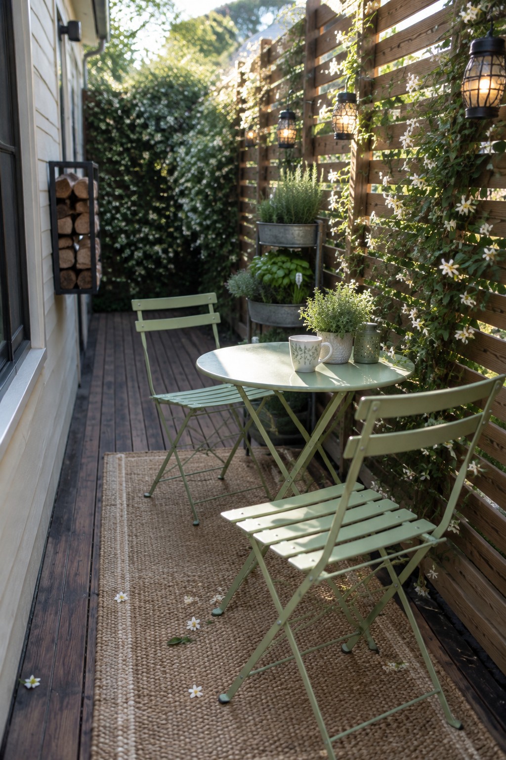 Green bistro table and chairs on woven rug beside flowering wooden fence.
