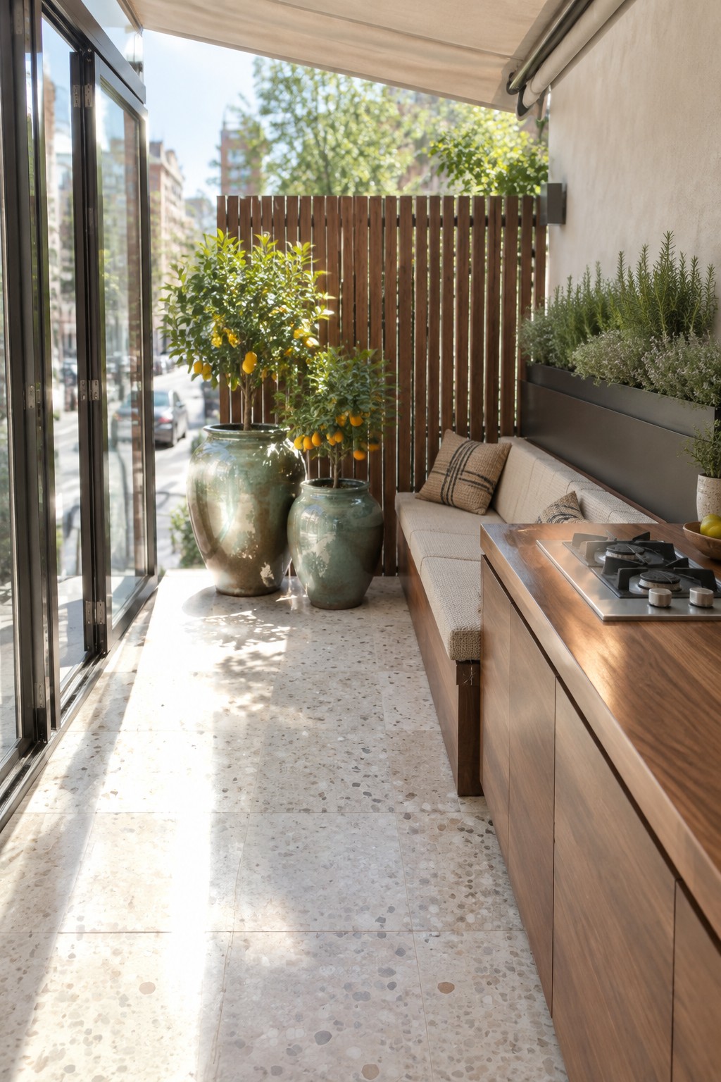 A narrow balcony with terrazzo tile flooring, a long built-in wooden bench with cushions, a wooden counter holding a gas stovetop, large potted citrus trees, and glass doors opening to a city street.