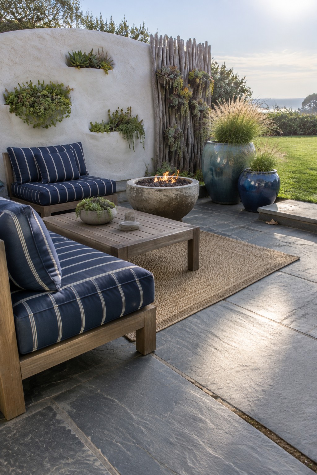 Outdoor patio with wooden lounge chairs, a stone fire pit with flames, a wooden coffee table on a woven rug, and large blue ceramic pots beside a white stucco wall with built-in succulents.