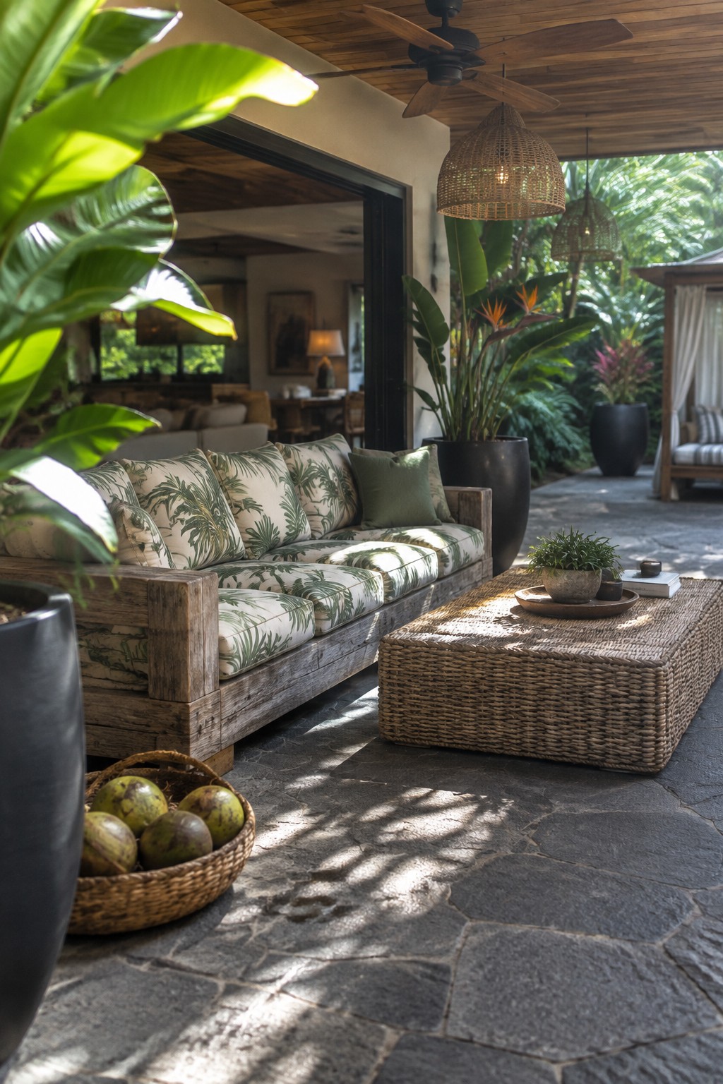 A covered stone patio with a wooden sofa in green palm print cushions, a large woven coffee table, ceiling fan, and tropical plants nearby.