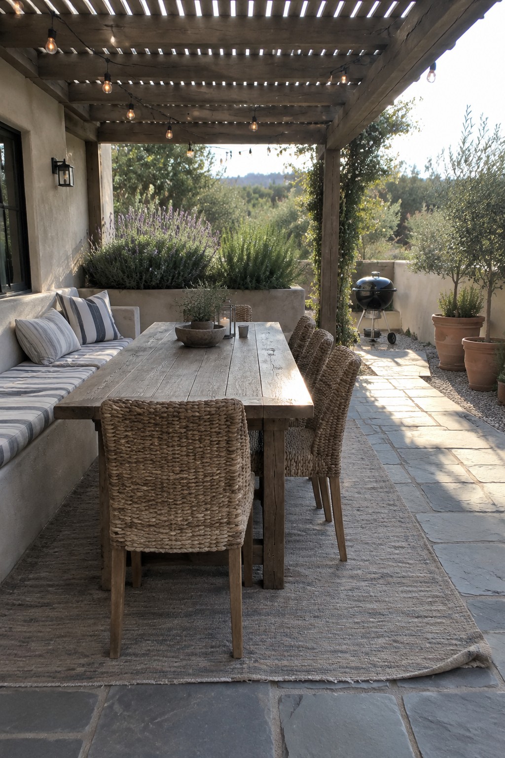 A long wooden dining table with woven chairs arranged on a large gray rug over stone pavers, under a pergola with string lights and a built-in bench along one side.