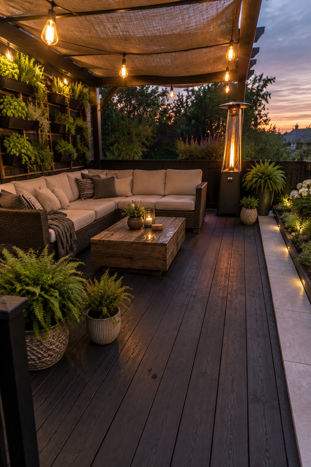 A dark wood deck with a large L-shaped sectional sofa, wooden coffee table, string lights under a beige fabric canopy, a tall patio heater, and potted ferns along the edges at dusk.
