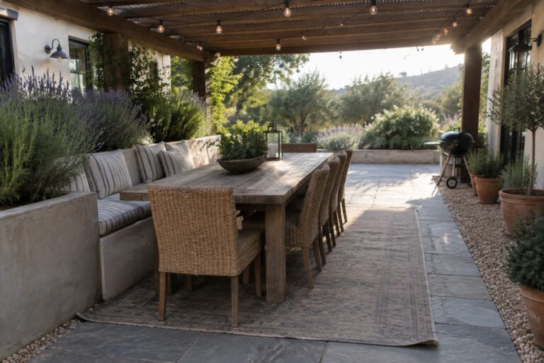 23 Elevated Outdoor Patio Ideas for Comfortable Everyday Living A long wooden dining table with woven chairs arranged on a large gray rug over stone pavers, under a pergola with string lights and a built-in bench along one side.