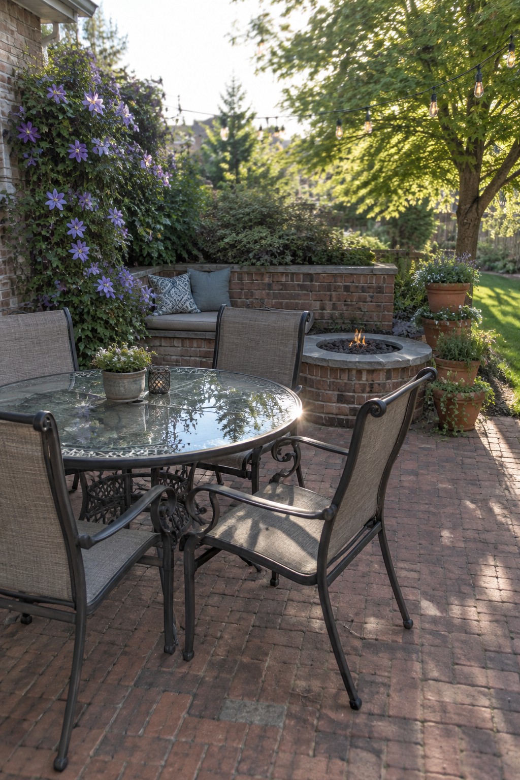 A brick patio features a round glass-top dining table with four metal chairs, a built-in brick bench with cushions, a circular brick fire pit, and potted plants along the edge with string lights overhead.