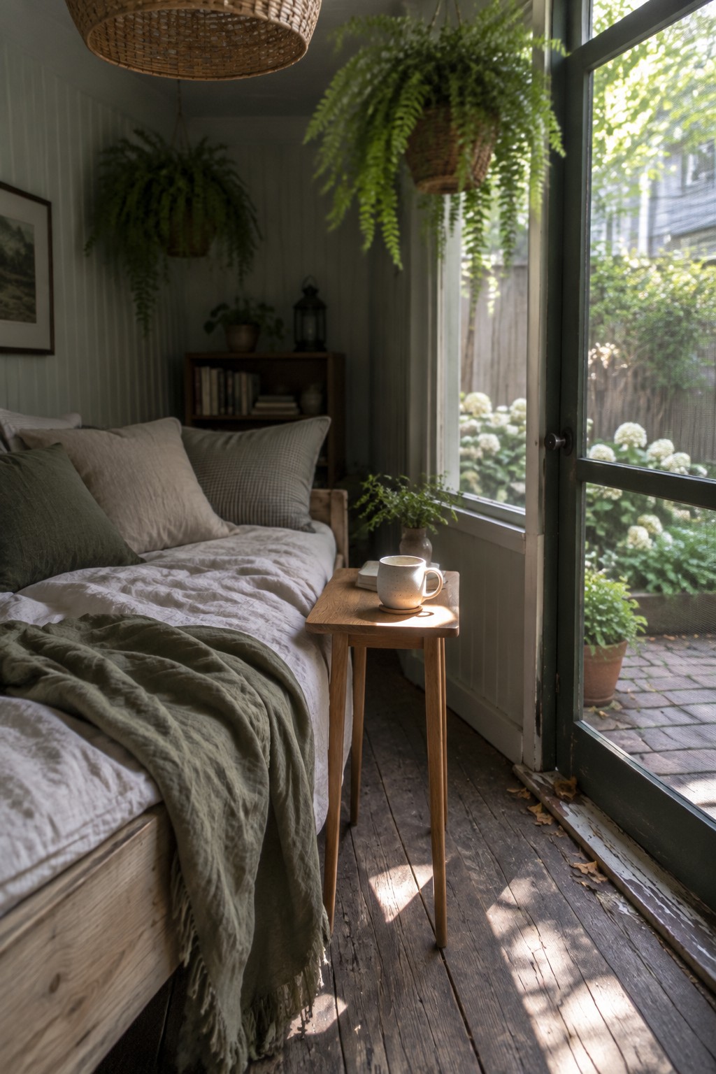 A small wooden table holding a mug sits on a wooden floor next to an open door that leads to a brick patio with potted plants.