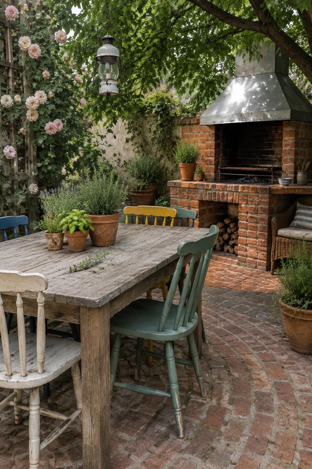 A weathered wooden dining table surrounded by mismatched painted wooden chairs in white, green, blue, and yellow sits on a brick patio beside a brick outdoor fireplace with potted herbs and climbing roses.