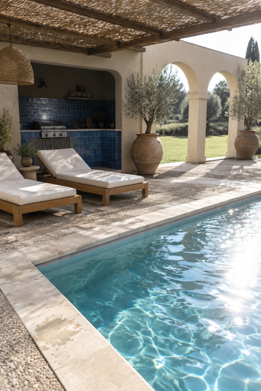 A rectangular swimming pool with lounge chairs on a gravel patio beside an outdoor kitchen with blue tile under a wooden pergola, and large terracotta pots with olive trees nearby.