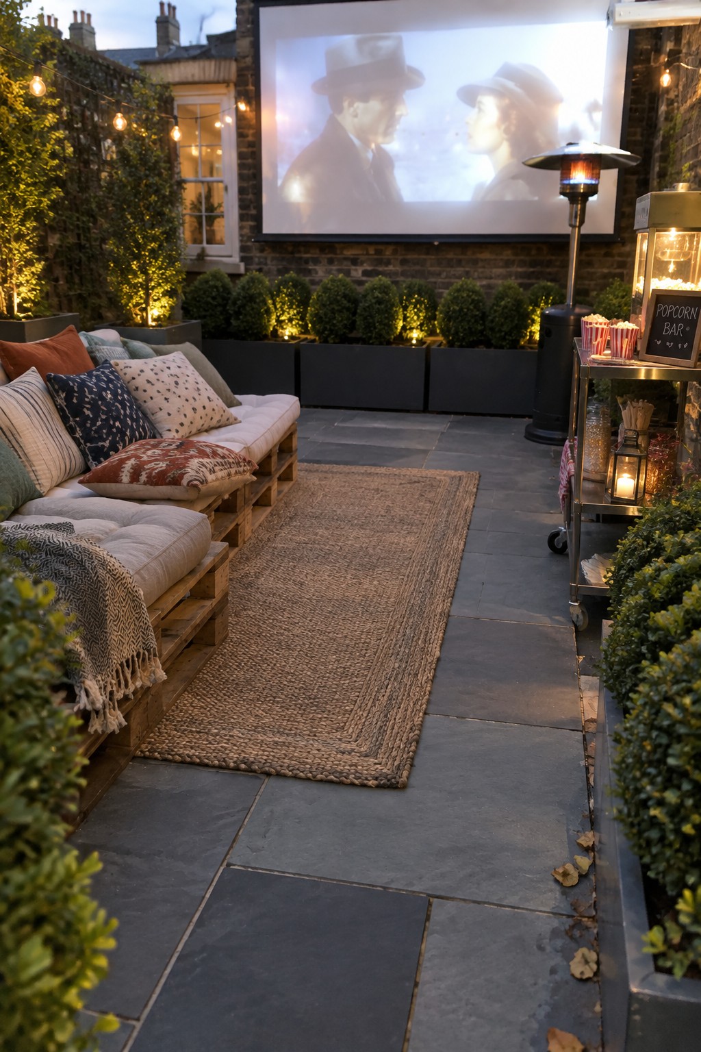 A backyard patio at dusk with a large projector screen showing a film, pallet sofa with cushions and a woven rug on stone tiles, plus a popcorn cart and patio heater nearby.