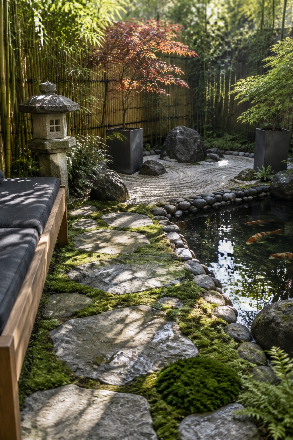 A garden path of large flat stepping stones set in green moss runs alongside a koi pond, with a wooden bench on the left and a stone lantern nearby.