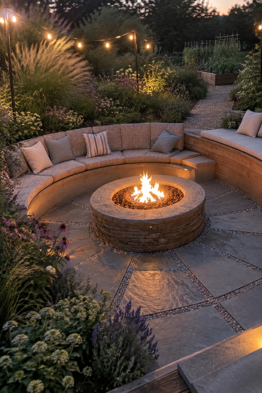 Circular stone fire pit with flames amid curved cushioned seating and string lights at dusk