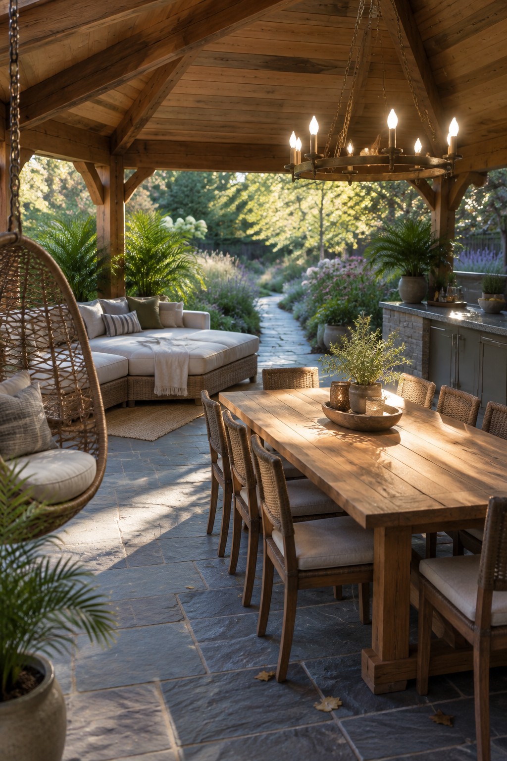 A covered wooden patio with a long dining table, woven chairs, a hanging chair, and a sectional sofa facing a garden.