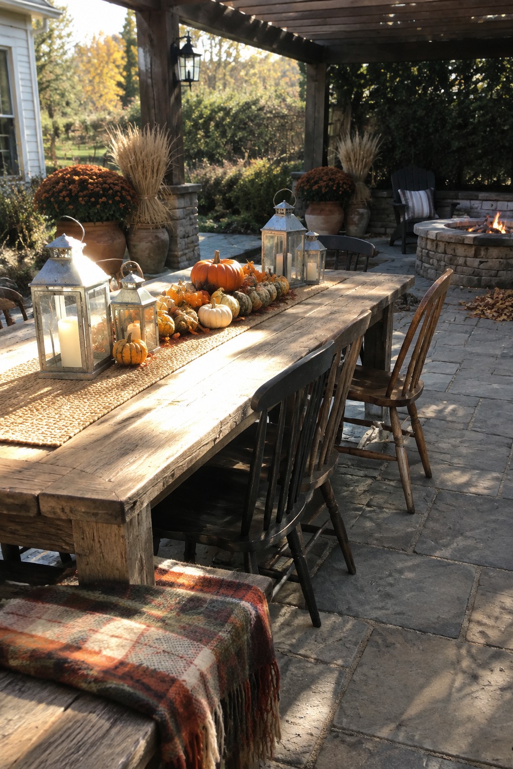 A rustic wooden dining table on a stone patio set with lanterns, small pumpkins, and a burlap runner, with a fire pit and seating in the background.