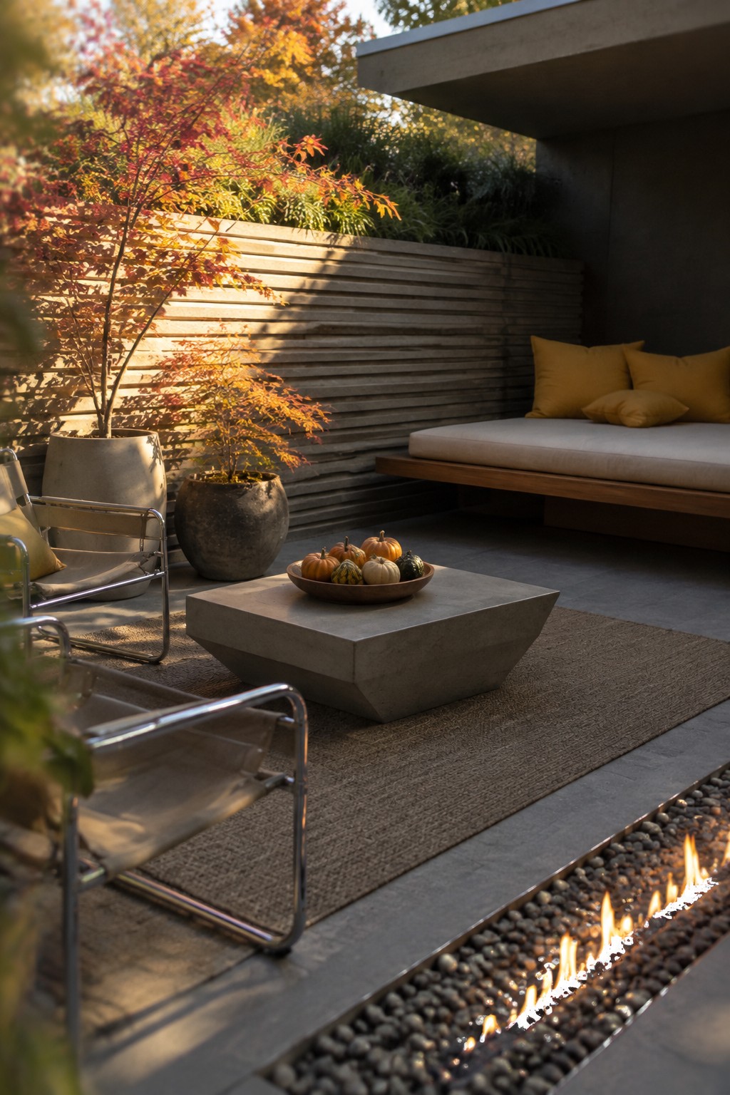 A modern outdoor patio with a linear fire feature set in pebbles, a concrete coffee table holding small pumpkins and gourds, metal lounge chairs, and a cushioned daybed beside a slatted wall with autumn trees.