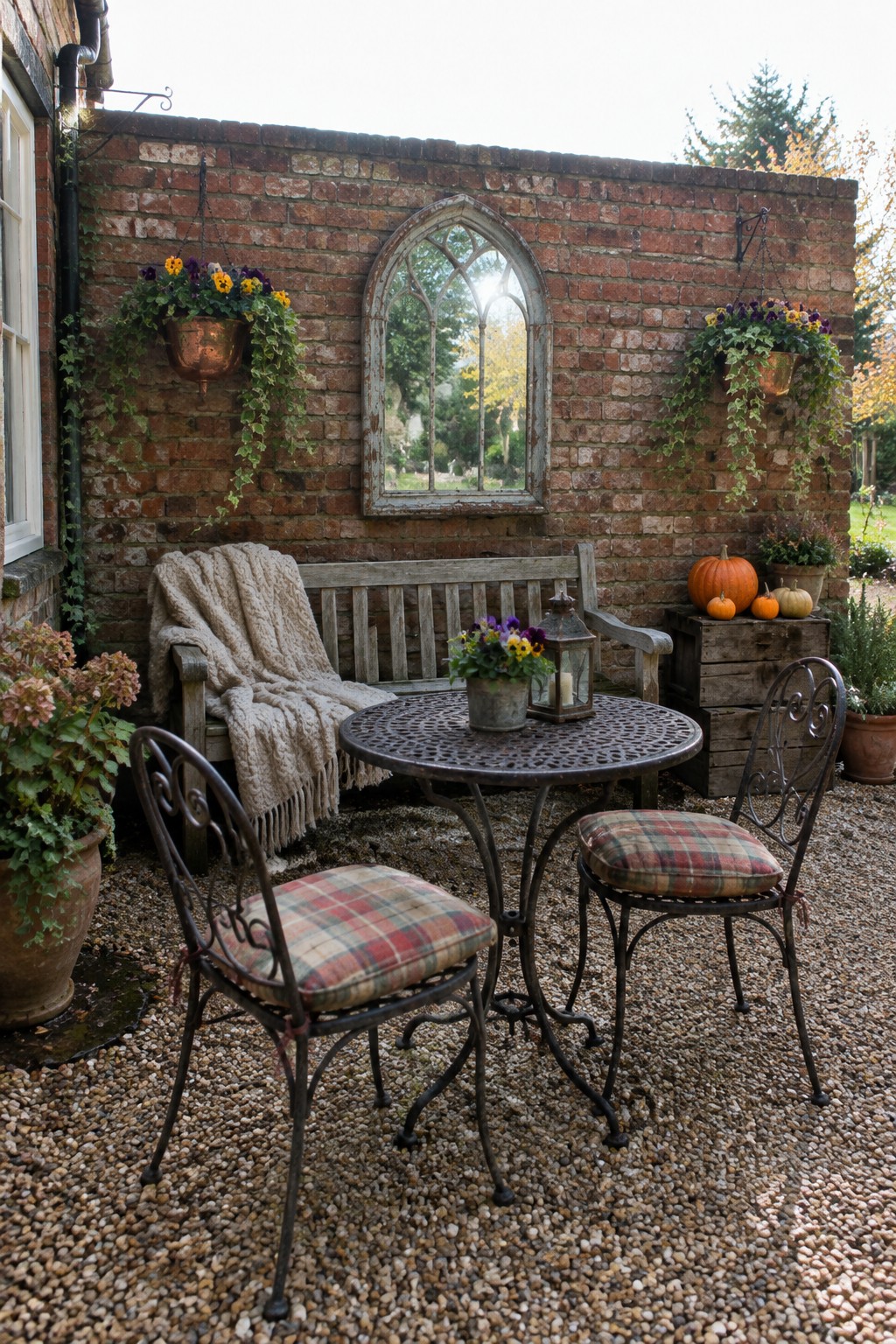 A gravel patio with a wooden bench, round metal table, two metal chairs, and a large arched mirror mounted on a red brick wall, with hanging planters and pumpkins nearby.
