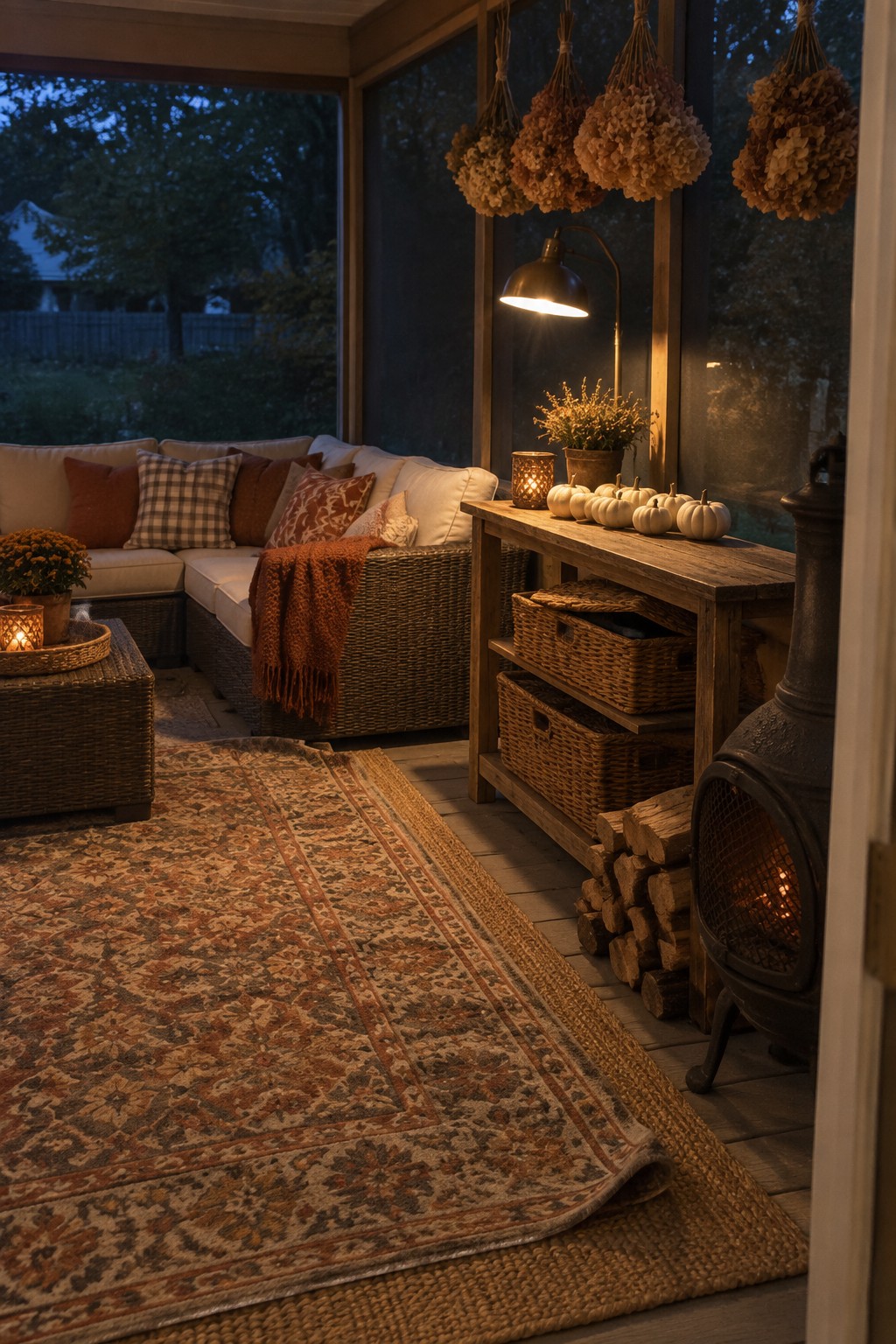 A screened porch at dusk with a lit wood stove, wicker sectional sofa, wooden console table holding small pumpkins, layered rugs, and hanging dried flowers.