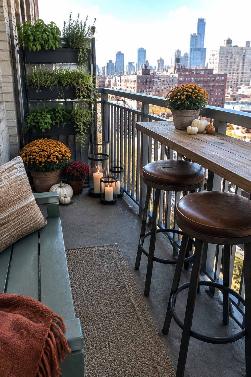 A city balcony featuring a wooden bar counter with two brown leather stools, a green bench with a striped pillow and rust throw, vertical herb planters, potted orange and red mums, small white pumpkins, and glass lanterns with lit candles.