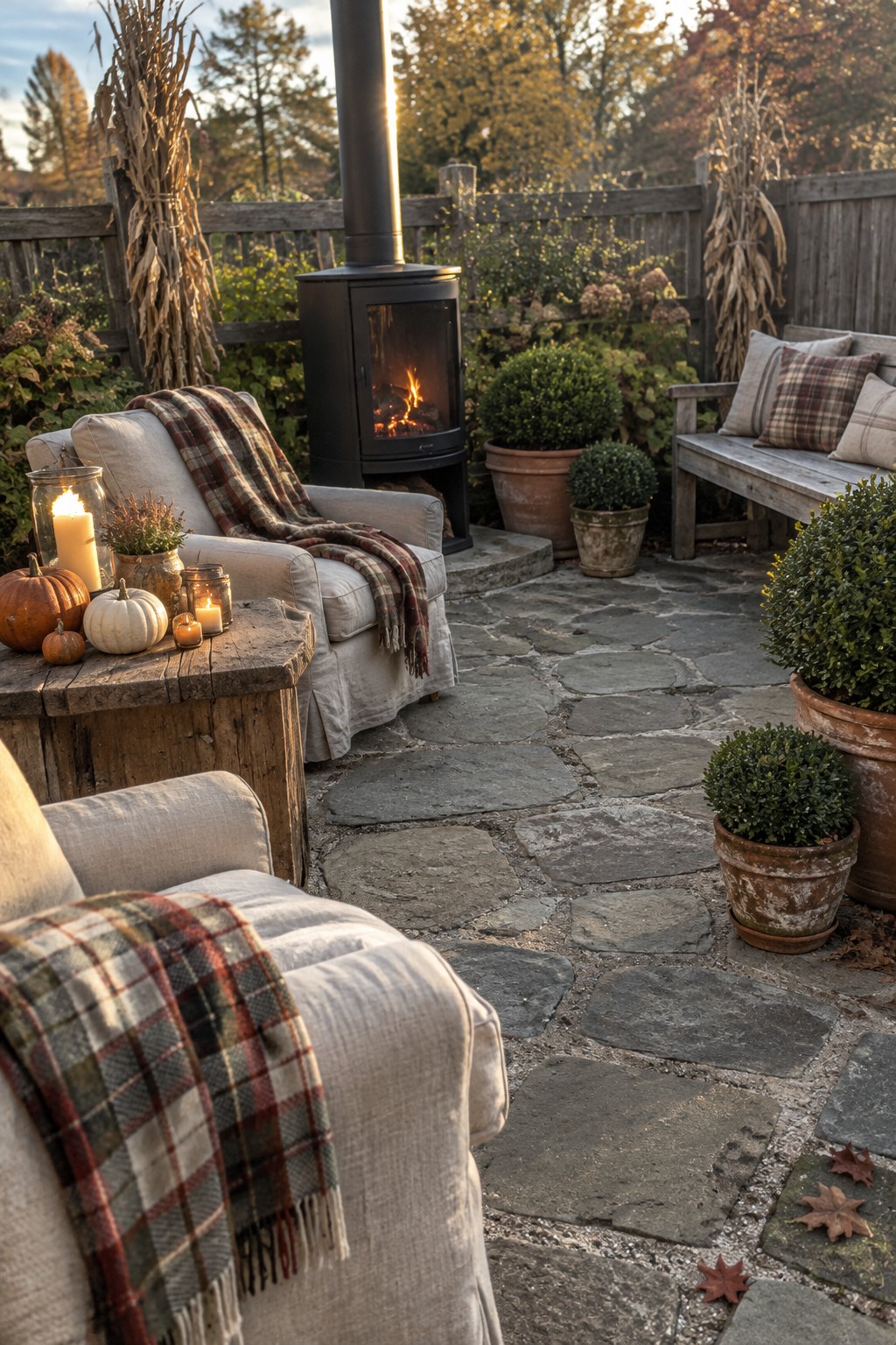 A stone patio with a black wood stove, light-colored armchairs with plaid blankets, pumpkins on a wooden table, and potted shrubs.