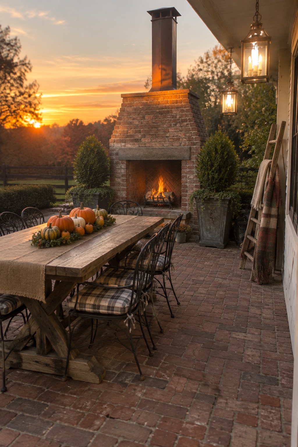 Rustic wooden table with pumpkins beside glowing brick fireplace on brick patio at sunset