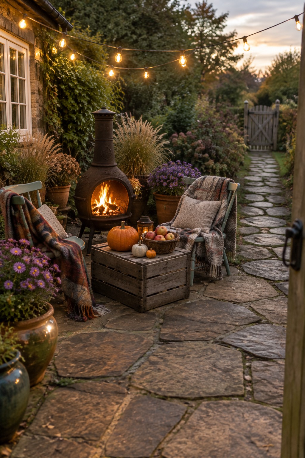 A stone patio at dusk features a lit cast-iron chiminea, two wooden chairs with plaid blankets and pillows, a wooden crate holding pumpkins and a basket of apples, string lights overhead, and potted plants along the edges.