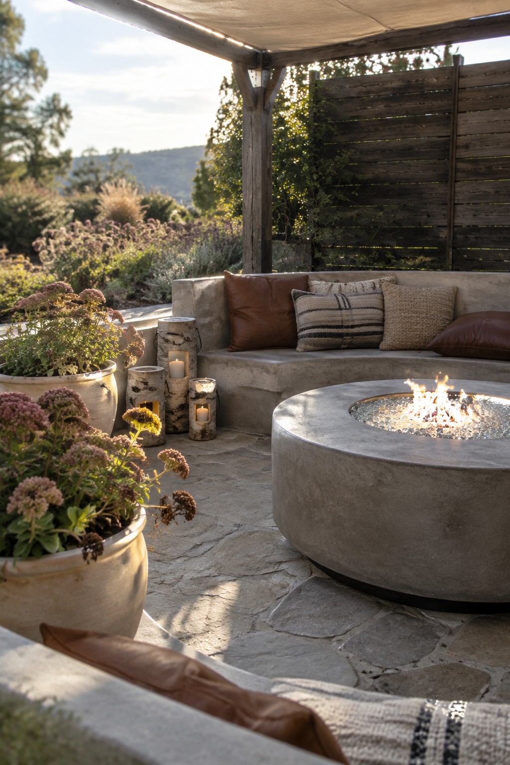Circular fire pit with flames on stone patio by concrete bench, birch lanterns and potted plants