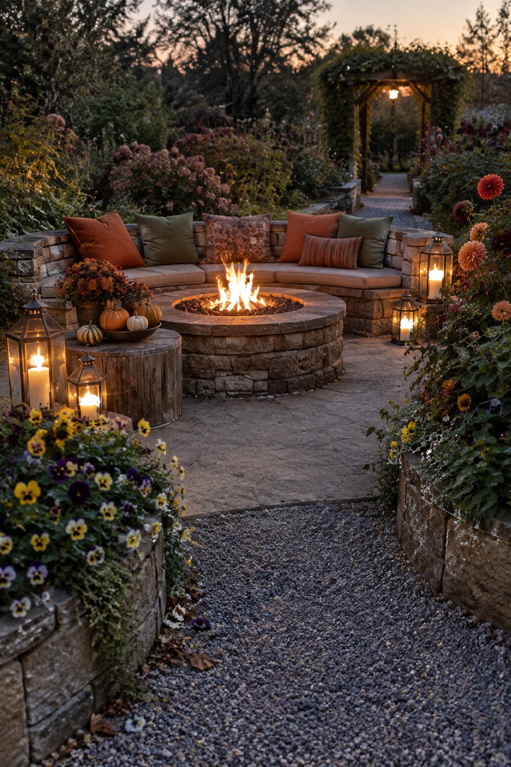 A circular stone fire pit sits at the center of a curved built-in bench on a patio, surrounded by fall decorations, lanterns, and garden plantings at dusk.