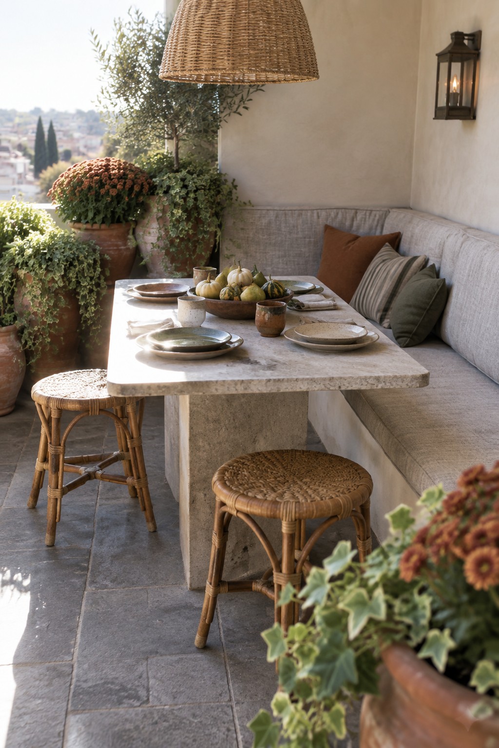 Cozy stone patio table with woven stools, cushioned bench, gourds, and potted plants.