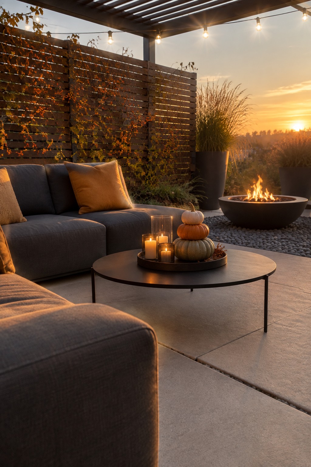 A modern patio at sunset with a gray sectional sofa, round coffee table holding lit candles and stacked pumpkins, and a lit fire pit on a pebble surface near a wooden privacy screen.